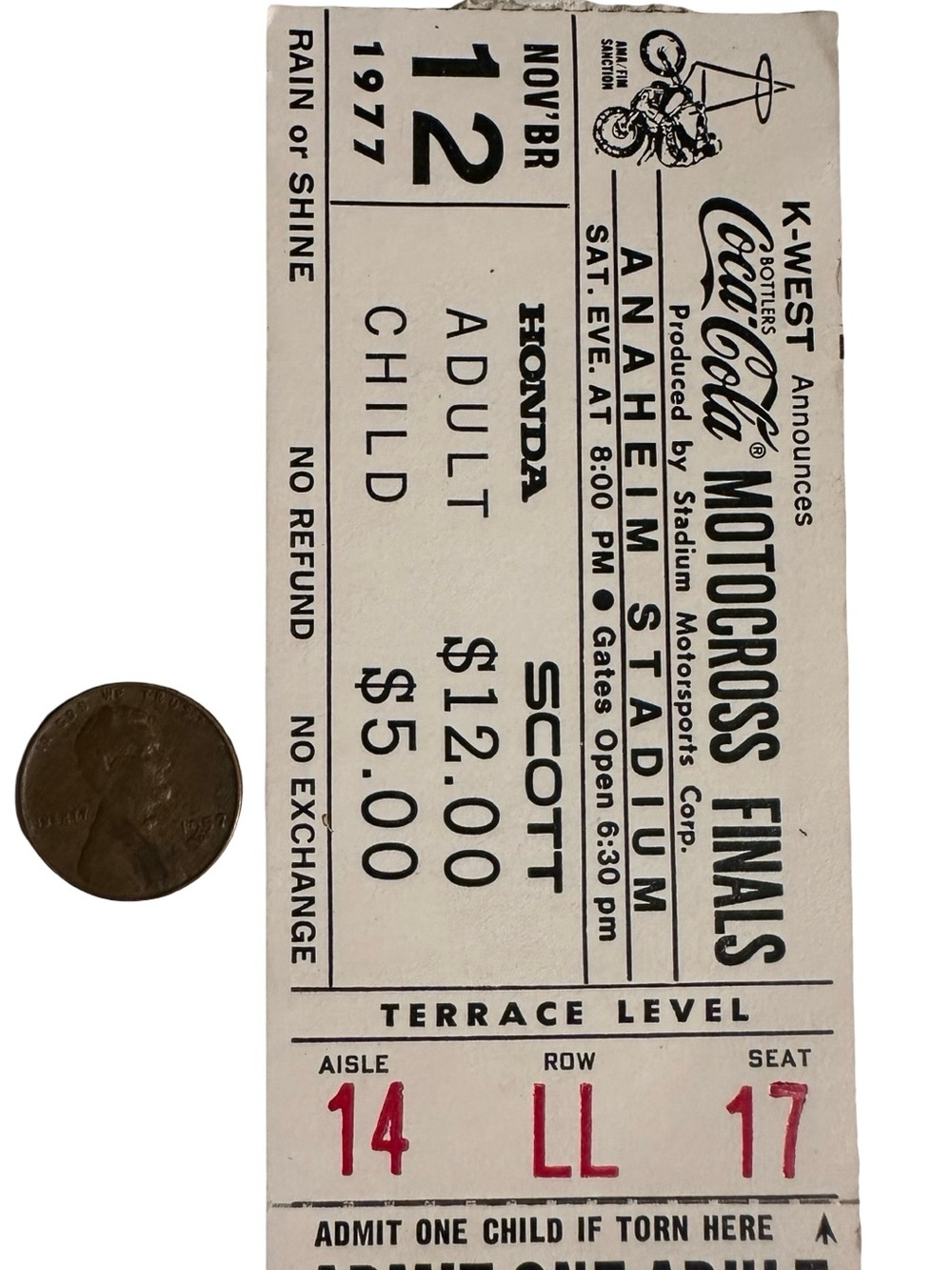Vintage Coca Cola 1977 Motocross Finals Ticket Anaheim Stadium K-West Radio